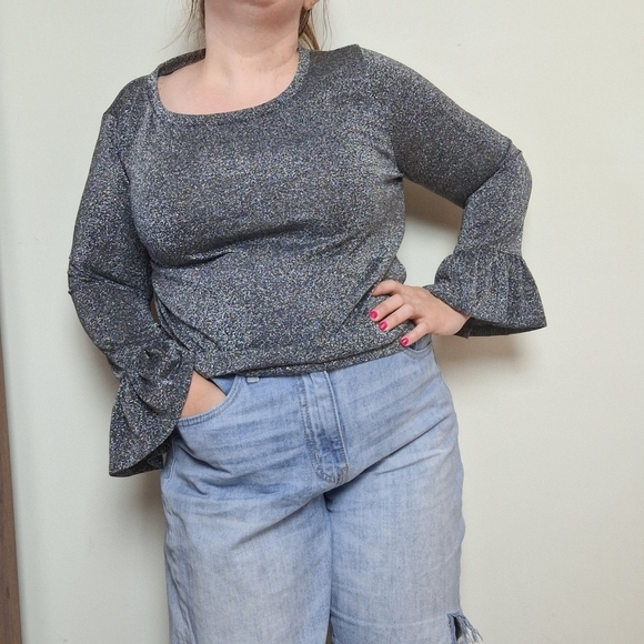 J. Crew Sparkle Bell Sleeve Ribbed T Shirt in Charcoal Silver Sparkle Medium - Picture 1 of 11